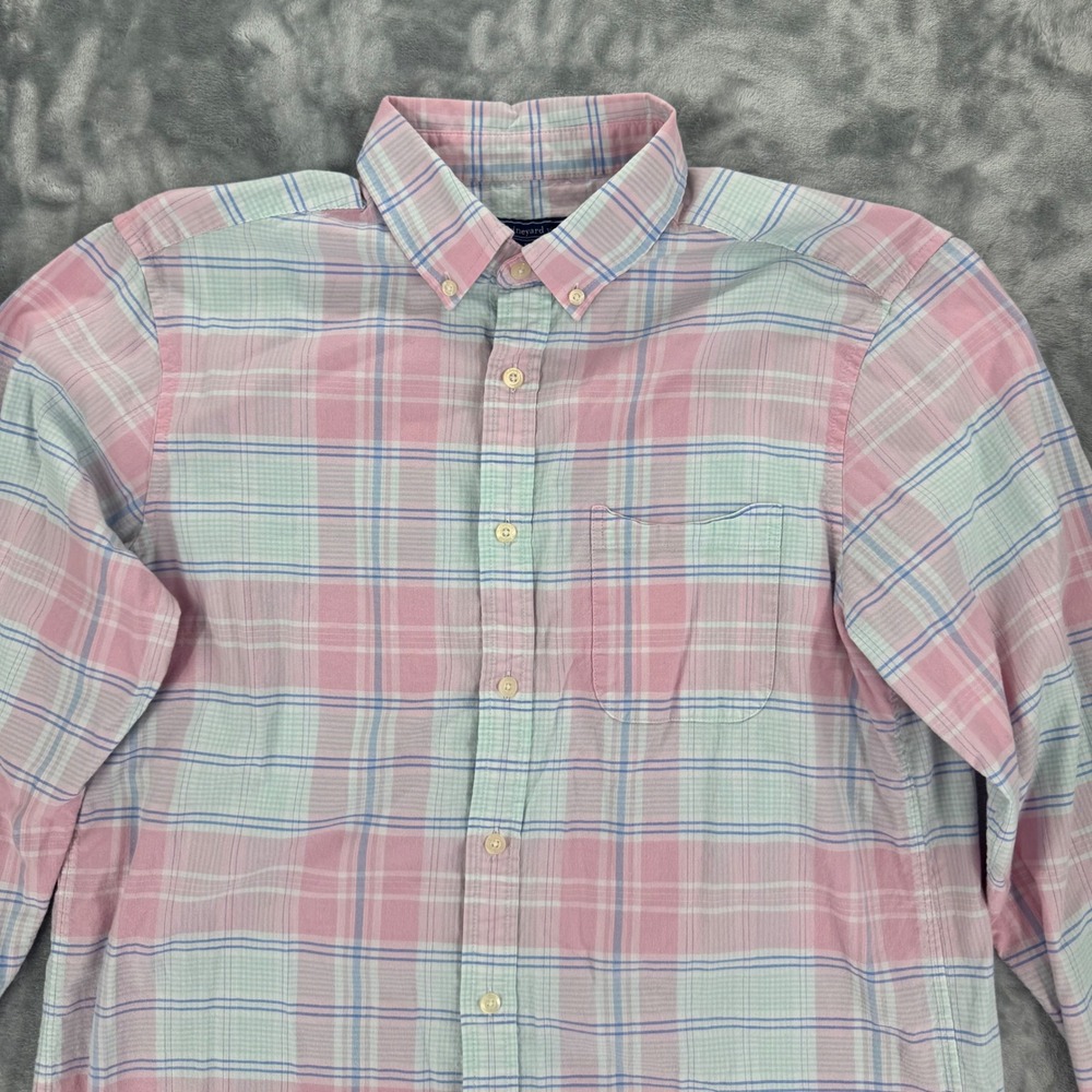 Vineyard Vines Mens Pink Green Plaid Long Sleeve Button Down Shirt Size M